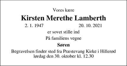 Dødsannoncen for Kirsten Merethe Lamberth - Hillerød