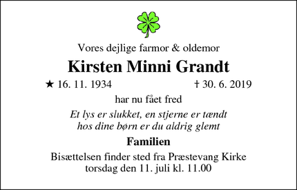 Dødsannoncen for Kirsten Minni Grandt - Hillerød
