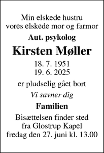 Dødsannoncen for Kirsten Møller - Albertslund