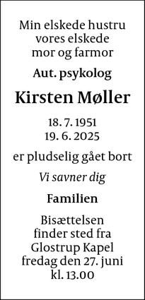 Dødsannoncen for Kirsten Møller - Albertslund