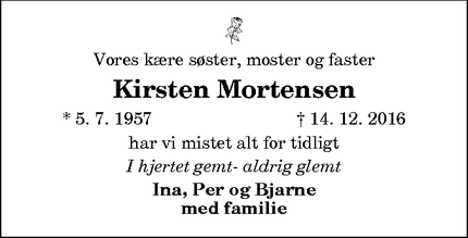 Dødsannoncen for Kirsten Mortensen - Hirtshals
