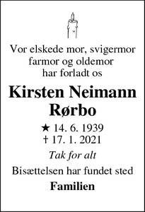 Dødsannoncen for Kirsten Neimann Rørbo - København