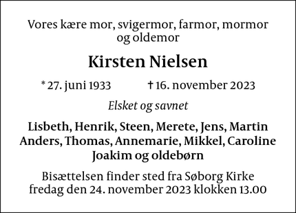 Dødsannoncen for Kirsten Nielsen - Bangsbovej 37, 2720 Vanløse