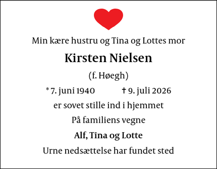 Dødsannoncen for Kirsten Nielsen - 2670 Greve