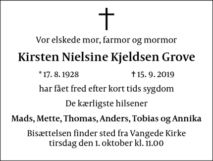 Dødsannoncen for Kirsten Nielsine Kjeldsen Grove - Copenhagen