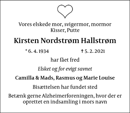 Dødsannoncen for Kirsten Nordstrøm Hallstrøm - Lynge