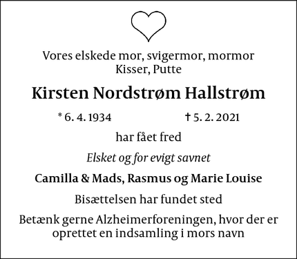 Dødsannoncen for Kirsten Nordstrøm Hallstrøm - Lynge