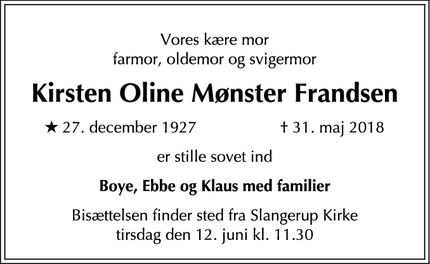 Dødsannoncen for Kirsten Oline Mønster Frandsen - Slangerup