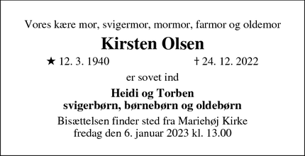 Dødsannoncen for Kirsten Olsen - Silkeborg
