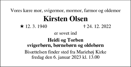 Dødsannoncen for Kirsten Olsen - Silkeborg