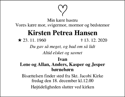 Dødsannoncen for Kirsten Petrea Hansen - Varde