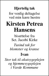 Taksigelsen for Kirsten Petrea
Hansens - Varde