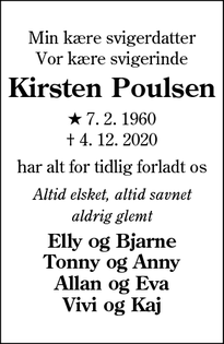 Dødsannoncen for Kirsten Poulsen - Næsbjerg