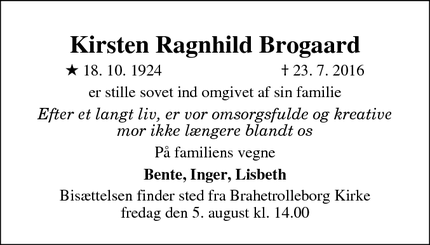 Dødsannoncen for Kirsten Ragnhild Brogaard - Korinth
