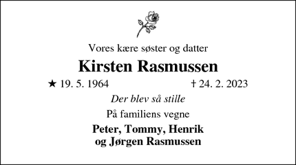 Dødsannoncen for Kirsten Rasmussen - Fakse Ladeplads
