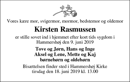 Dødsannoncen for Kirsten Rasmussen - Hammershøj