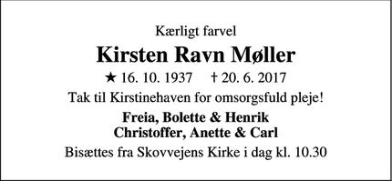 Dødsannoncen for Kirsten Ravn Møller - Ballerup
