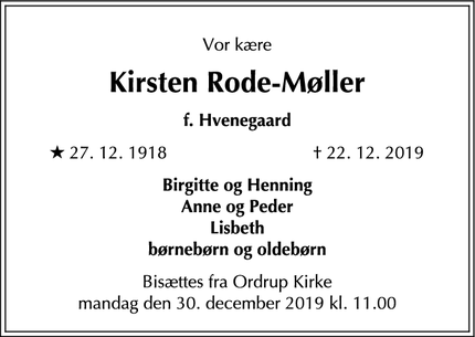 Dødsannoncen for Kirsten Rode-Møller - Charlottenlund