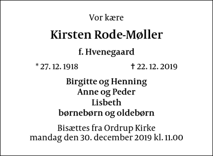 Dødsannoncen for Kirsten Rode-Møller - Charlottenlund