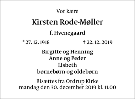 Dødsannoncen for Kirsten Rode-Møller - Charlottenlund