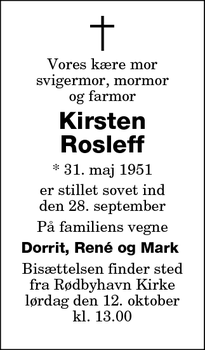 Dødsannoncen for Kirsten Rosleff - Rødby