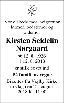 Dødsannoncen for Kirsten Seidelin Nørgaard - Risskov