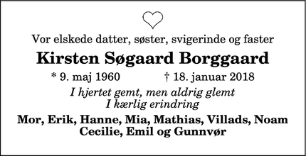 Dødsannoncen for Kirsten Søgaard Borggaard - Thisted