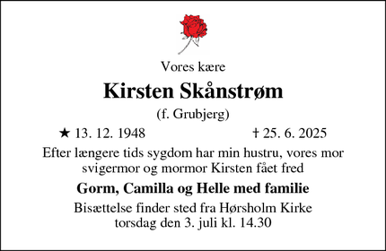Dødsannoncen for Kirsten Skånstrøm - Nivå