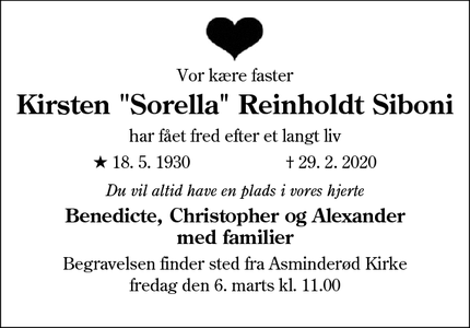 Dødsannoncen for Kirsten "Sorella" Reinholdt Siboni - Søborg
