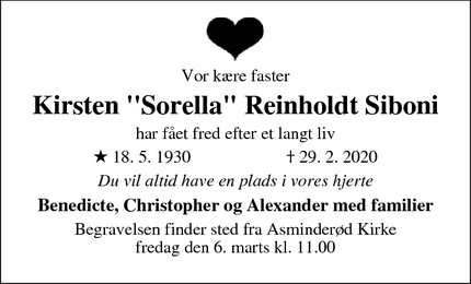 Dødsannoncen for Kirsten "Sorella" Reinholdt Siboni - Søborg