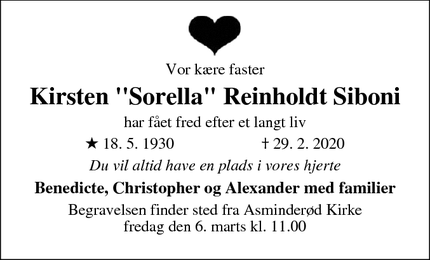 Dødsannoncen for Kirsten "Sorella" Reinholdt Siboni - Søborg