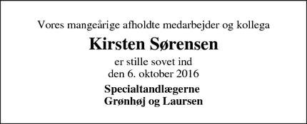 Dødsannoncen for Kirsten Sørensen - Hasselager