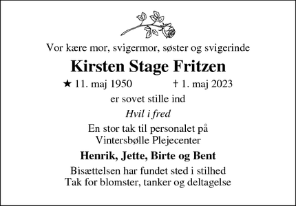 Dødsannoncen for Kirsten Stage Fritzen - Vordingborg
