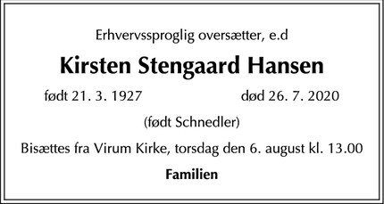 Dødsannoncen for Kirsten Stengaard Hansen - Virum
