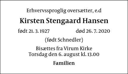 Dødsannoncen for Kirsten Stengaard Hansen - Virum