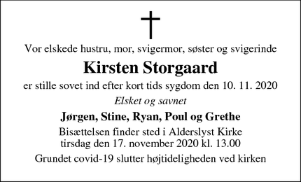 Dødsannoncen for Kirsten Storgaard - Silkeborg