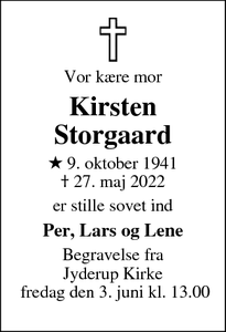 Dødsannoncen for Kirsten Storgaard - Jyderup
