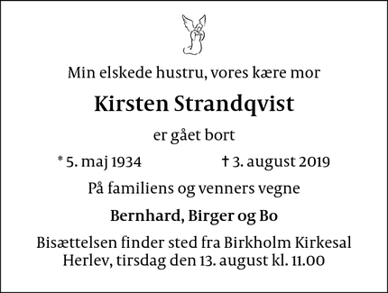 Dødsannoncen for Kirsten Strandqvist - Herlev