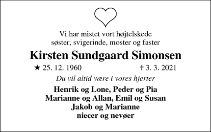Dødsannoncen for Kirsten Sundgaard Simonsen - Bramming