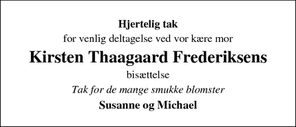 Taksigelsen for Kirsten Thaagaard Frederiksens - Stouby