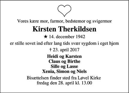 Dødsannoncen for Kirsten Therkildsen - Løvel