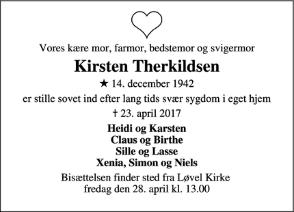 Dødsannoncen for Kirsten Therkildsen - Løvel
