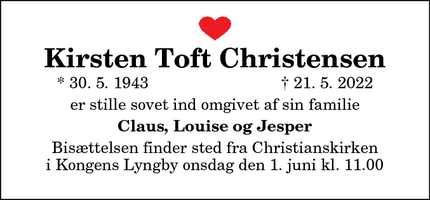 Dødsannoncen for Kirsten Toft Christensen - Thisted