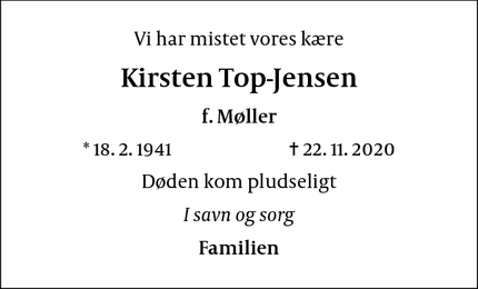 Dødsannoncen for Kirsten Top-Jensen - København
