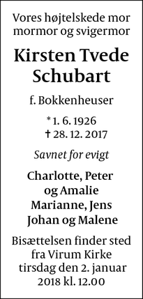 Dødsannoncen for Kirsten Tvede Schubart - Gentofte