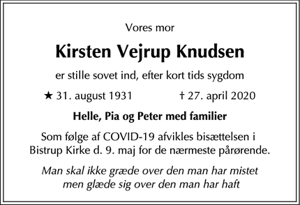 Dødsannoncen for Kirsten Vejrup Knudsen - Birkerød