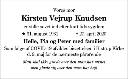 Dødsannoncen for Kirsten Vejrup Knudsen - Birkerød