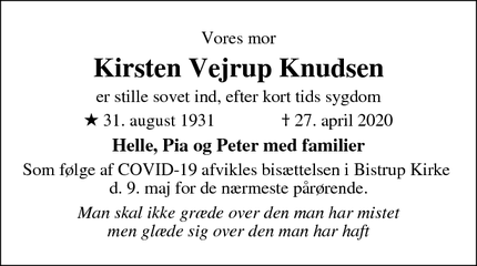 Dødsannoncen for Kirsten Vejrup Knudsen - Birkerød