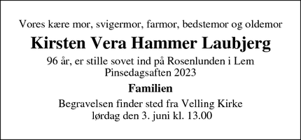 Dødsannoncen for Kirsten Vera Hammer Laubjerg - Lem st