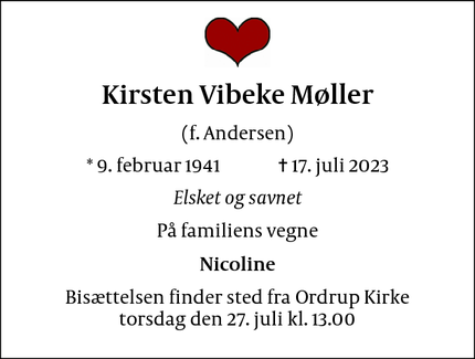 Dødsannoncen for Kirsten Vibeke Møller - Fårevejle